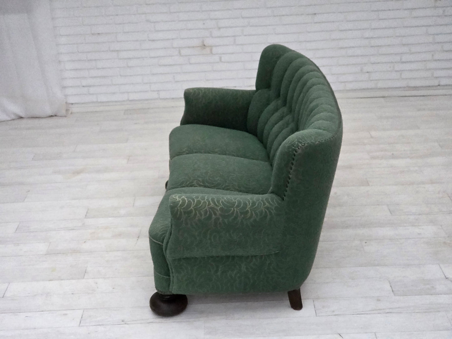 1960s, Danish 3-seater sofa, green furniture wool, oak wood.