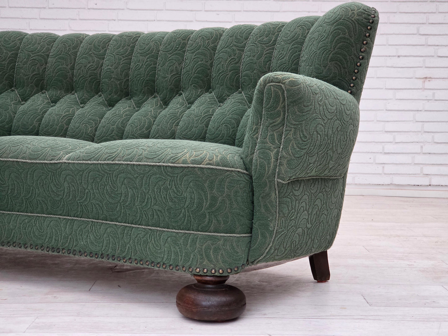 1960s, Danish 3-seater sofa, green furniture wool, oak wood.