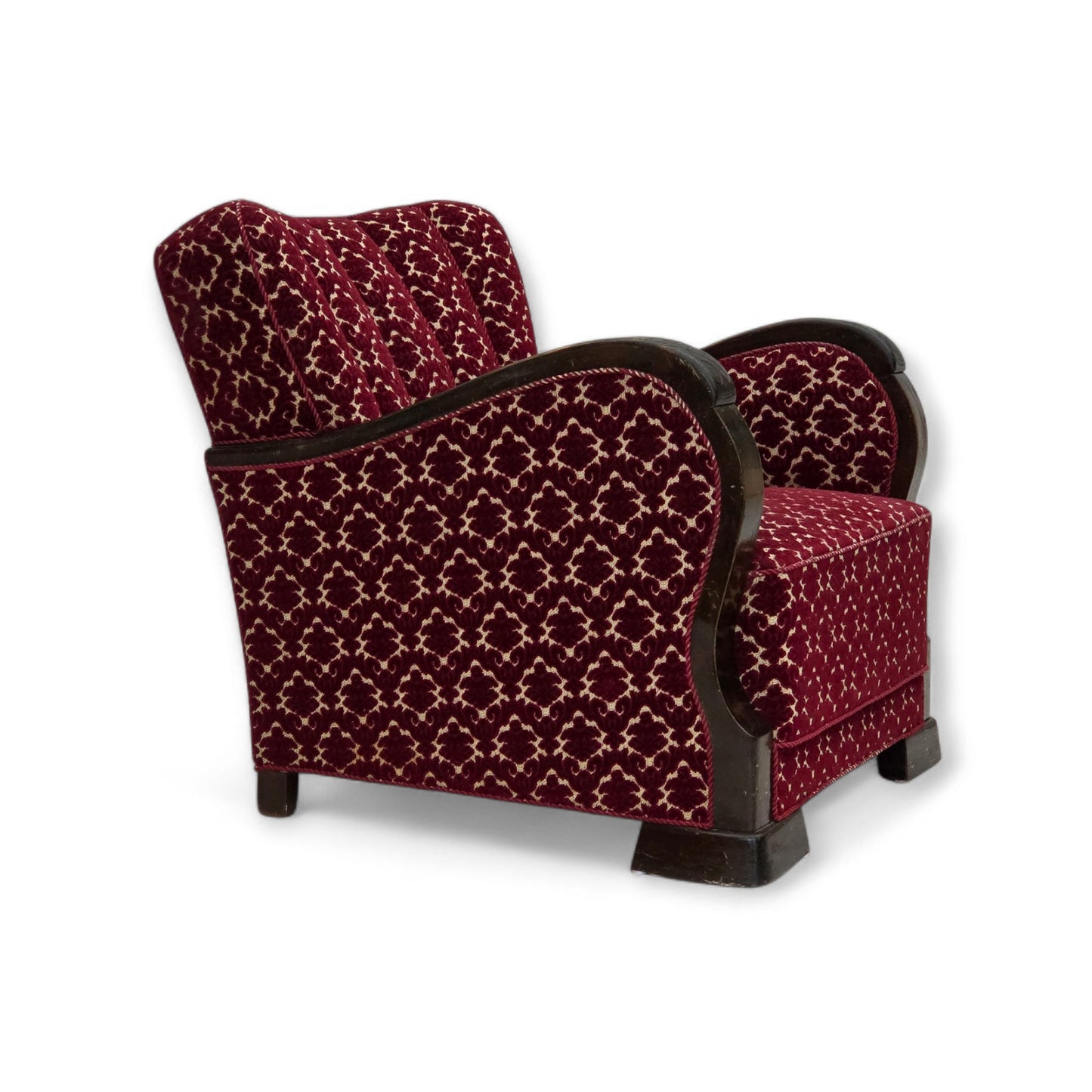 1960s, Danish armchair, cherry-red furniture velour, oak wood.