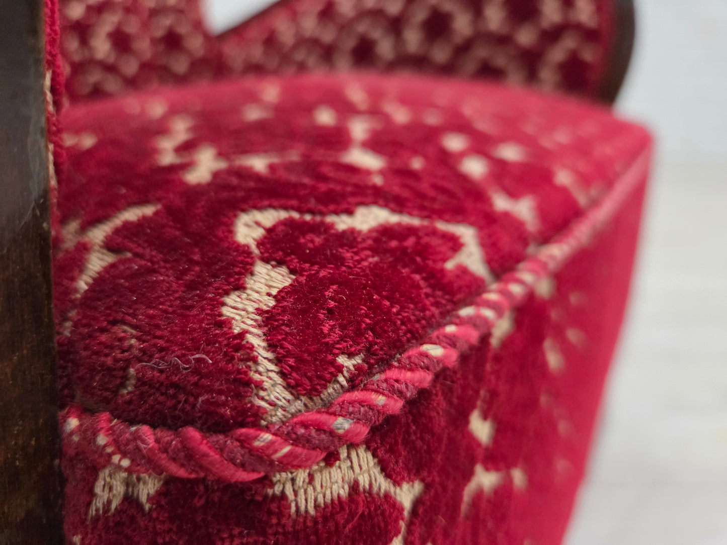 1960s, Danish armchair, cherry-red furniture velour, oak wood.