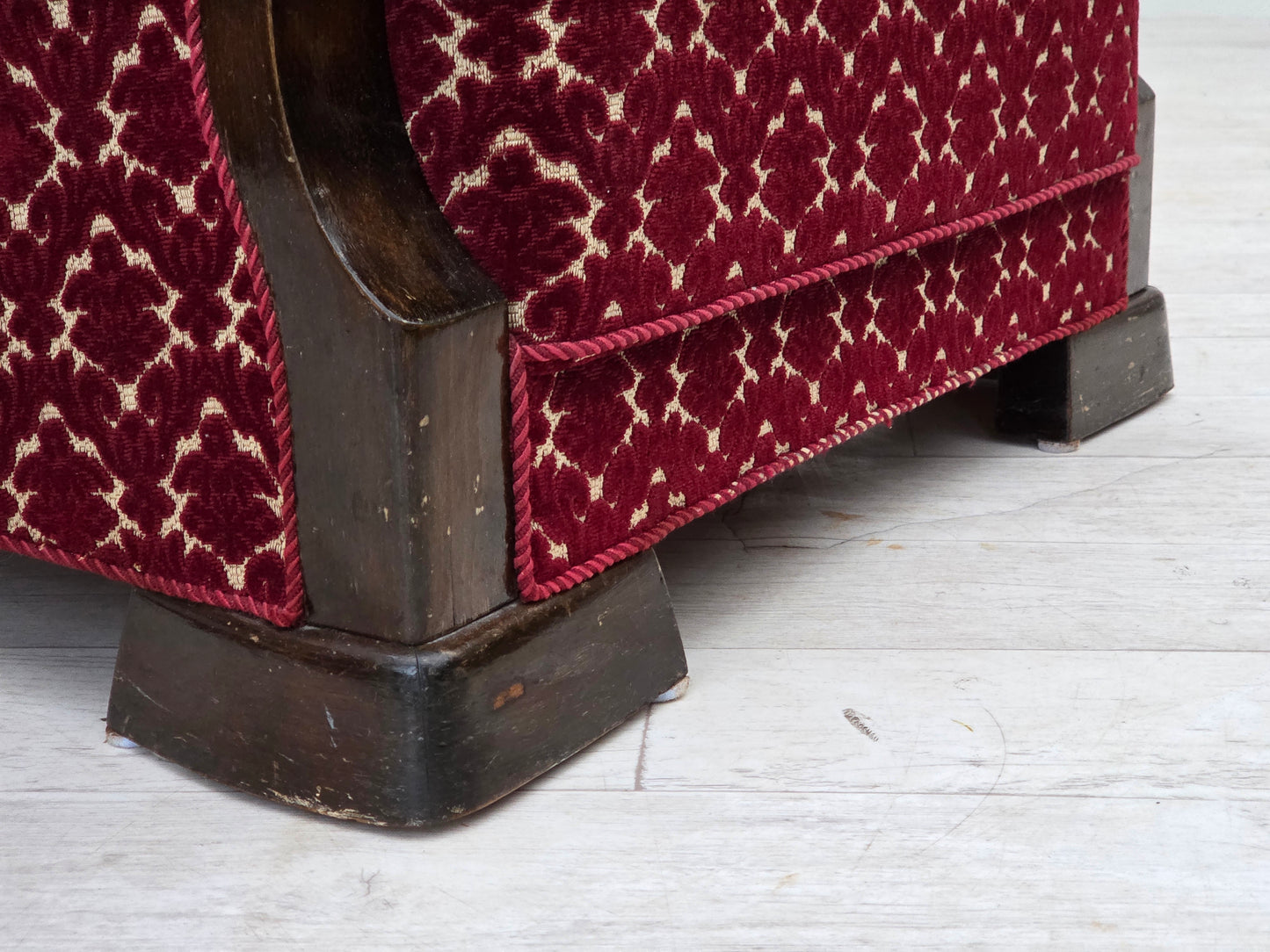 1960s, Danish armchair, cherry-red furniture velour, oak wood.