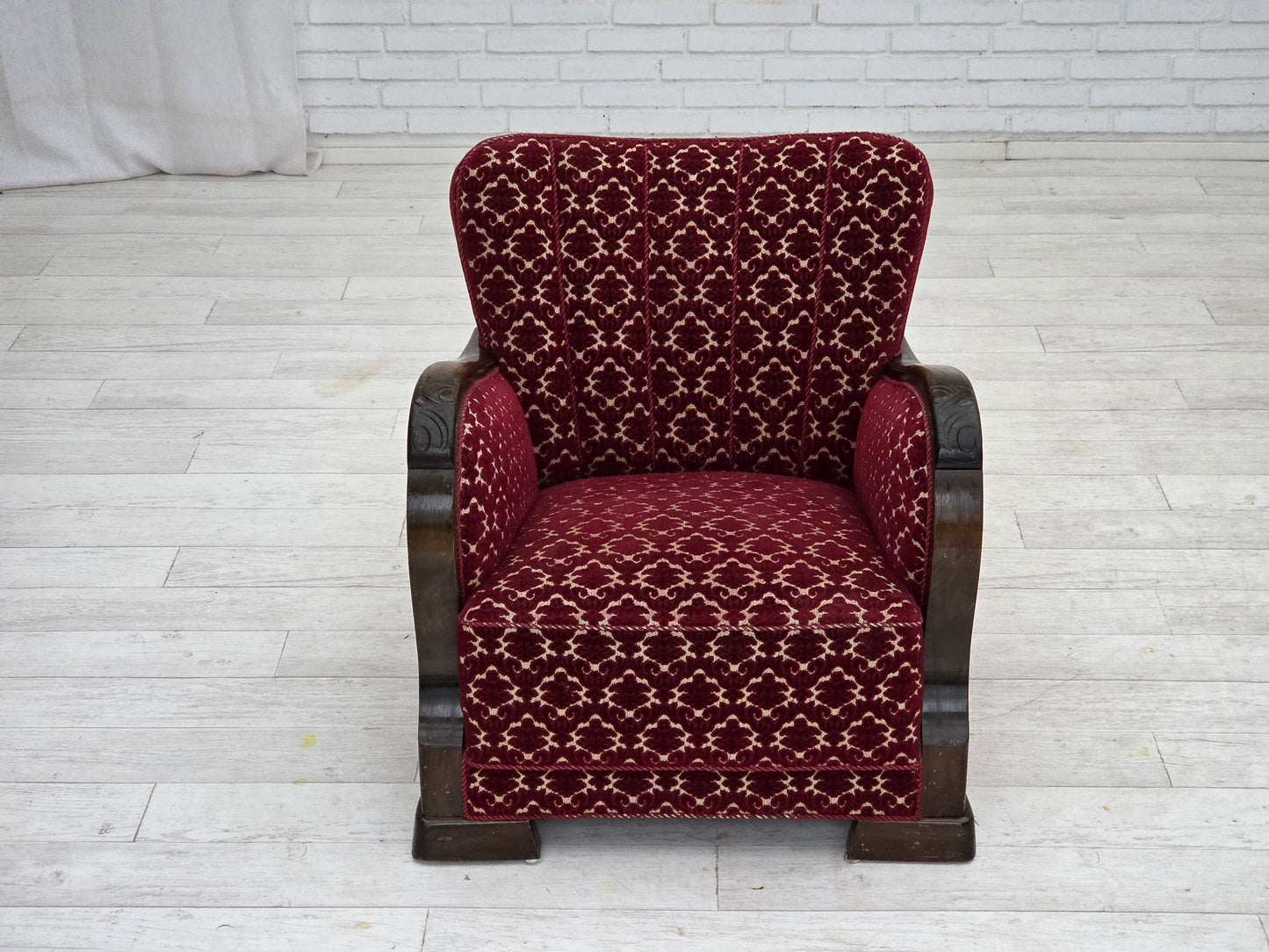 1960s, Danish armchair, cherry-red furniture velour, oak wood.