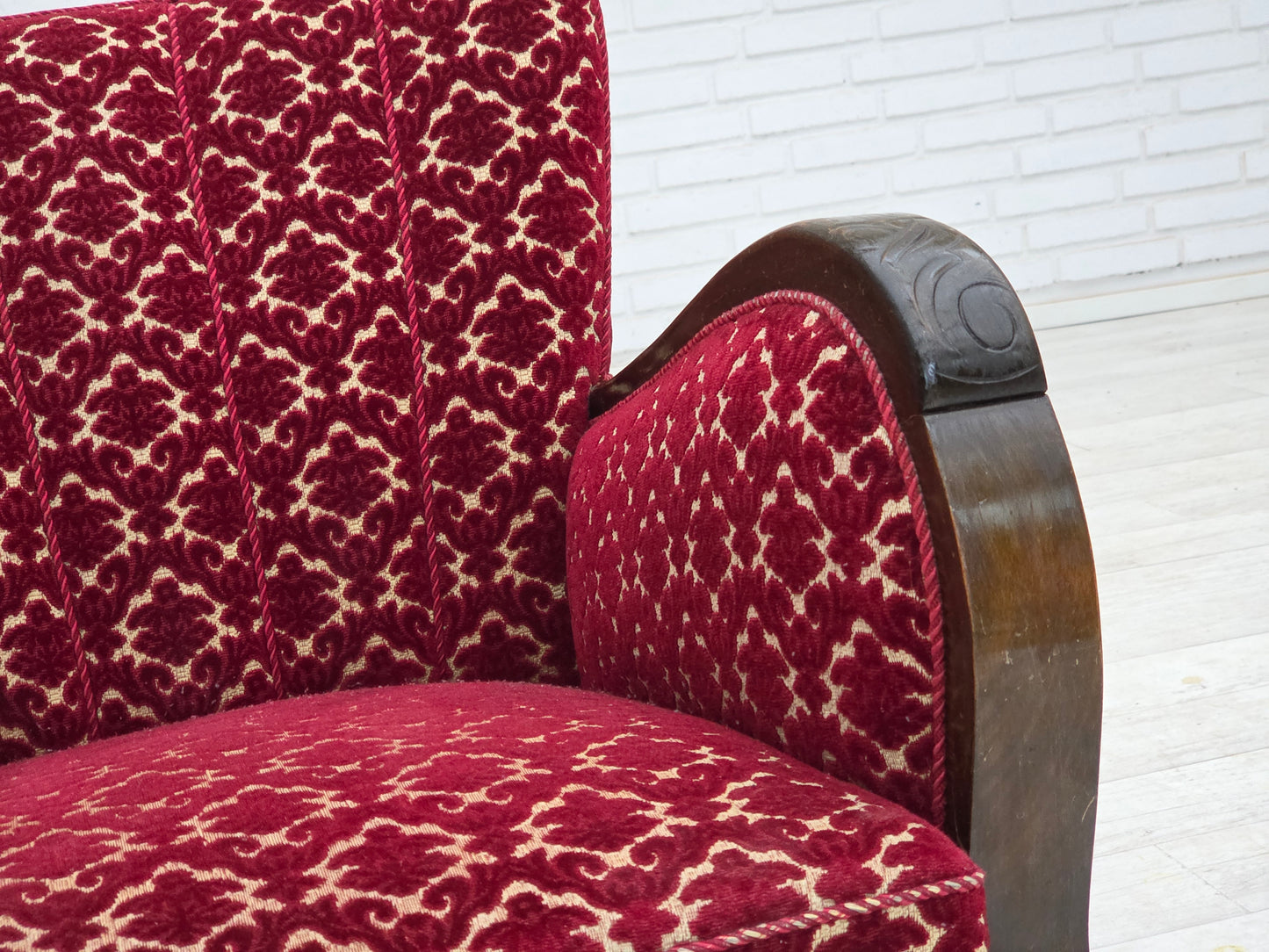 1960s, Danish armchair, cherry-red furniture velour, oak wood.