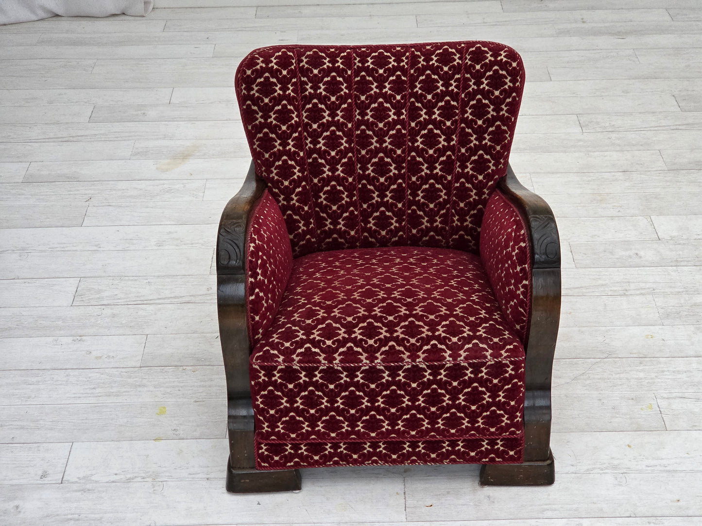 1960s, Danish armchair, cherry-red furniture velour, oak wood.