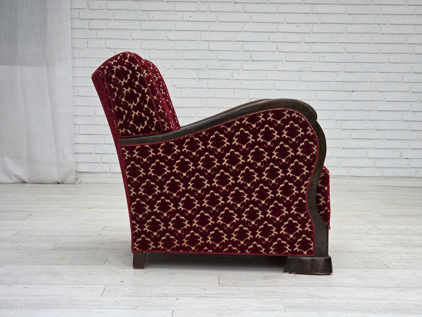 1960s, Danish armchair, cherry-red furniture velour, oak wood.