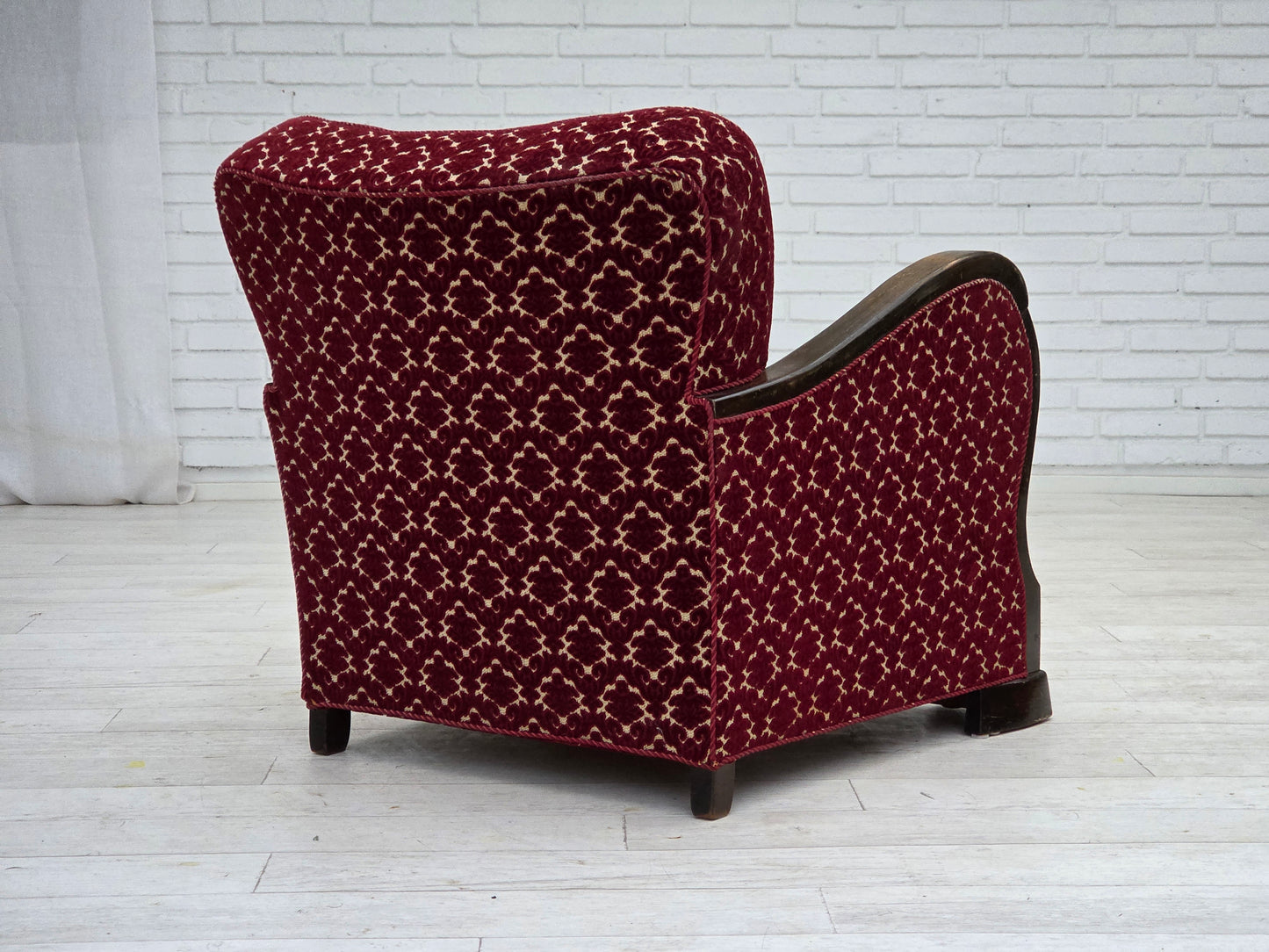 1960s, Danish armchair, cherry-red furniture velour, oak wood.