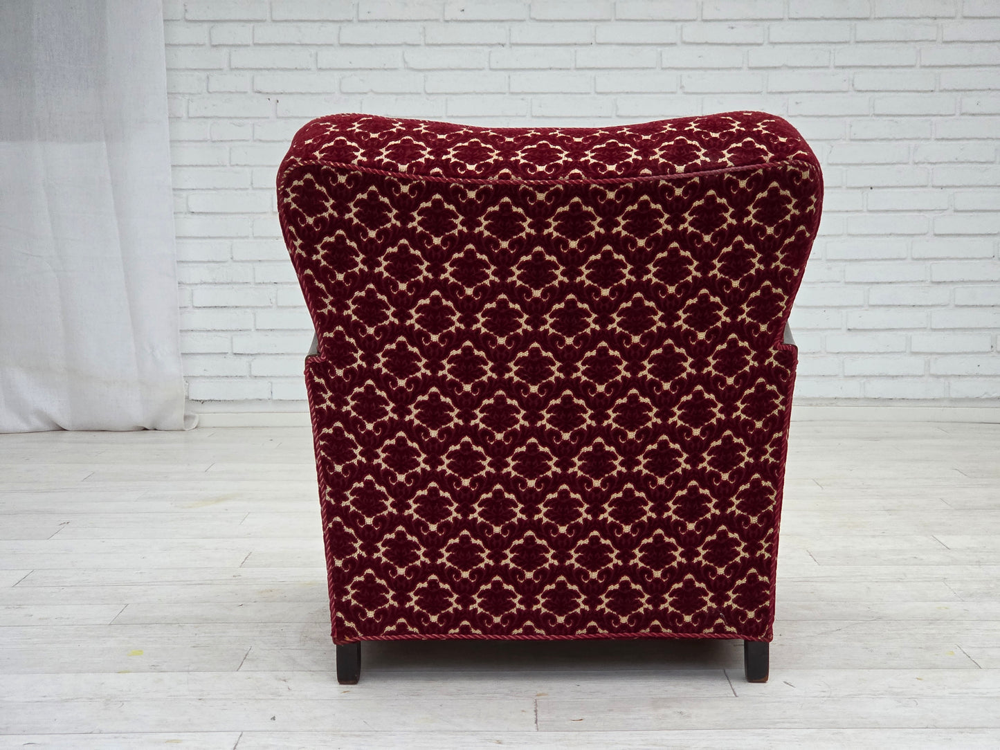 1960s, Danish armchair, cherry-red furniture velour, oak wood.