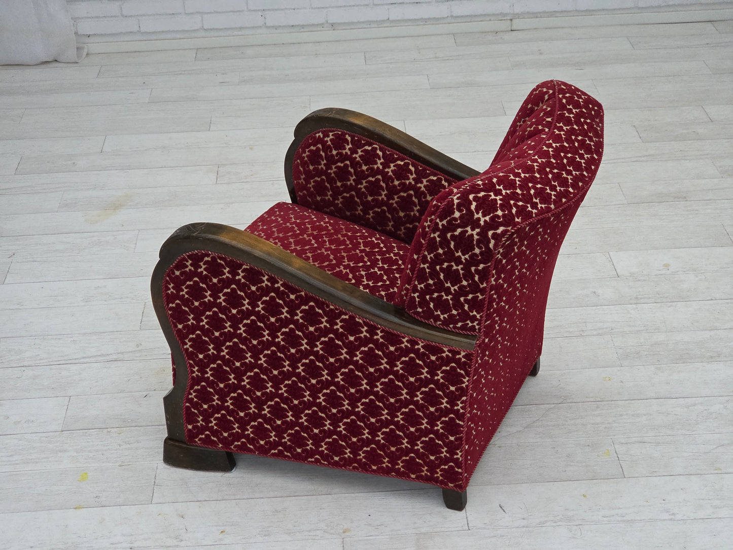 1960s, Danish armchair, cherry-red furniture velour, oak wood.