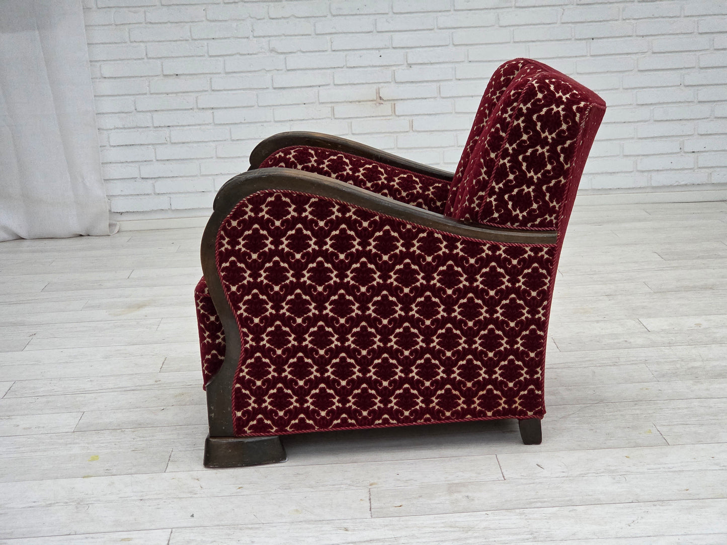 1960s, Danish armchair, cherry-red furniture velour, oak wood.