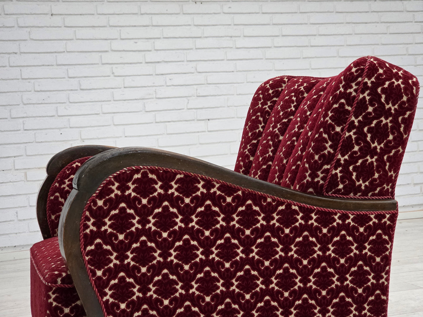 1960s, Danish armchair, cherry-red furniture velour, oak wood.