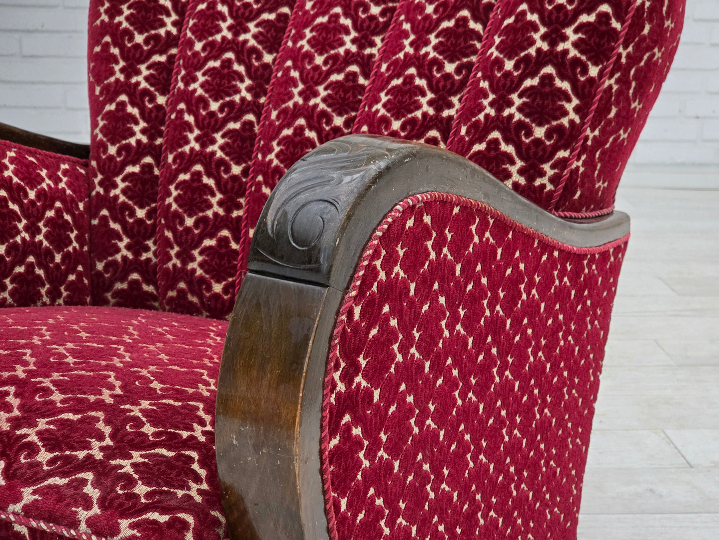 1960s, Danish armchair, cherry-red furniture velour, oak wood.