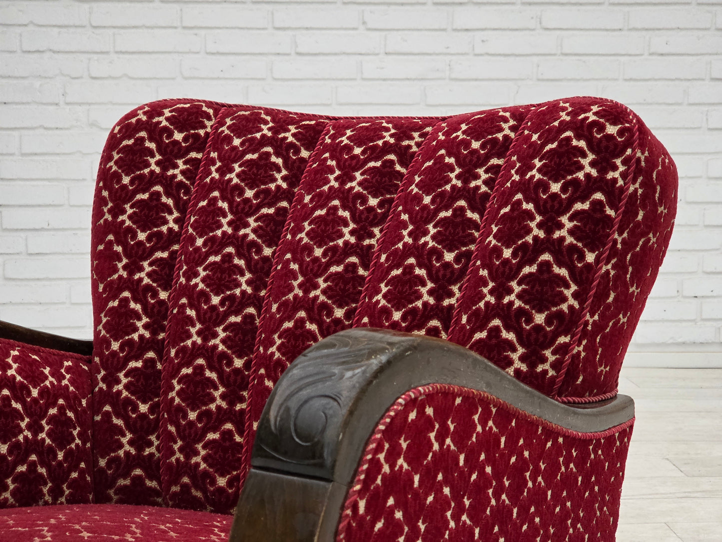 1960s, Danish armchair, cherry-red furniture velour, oak wood.