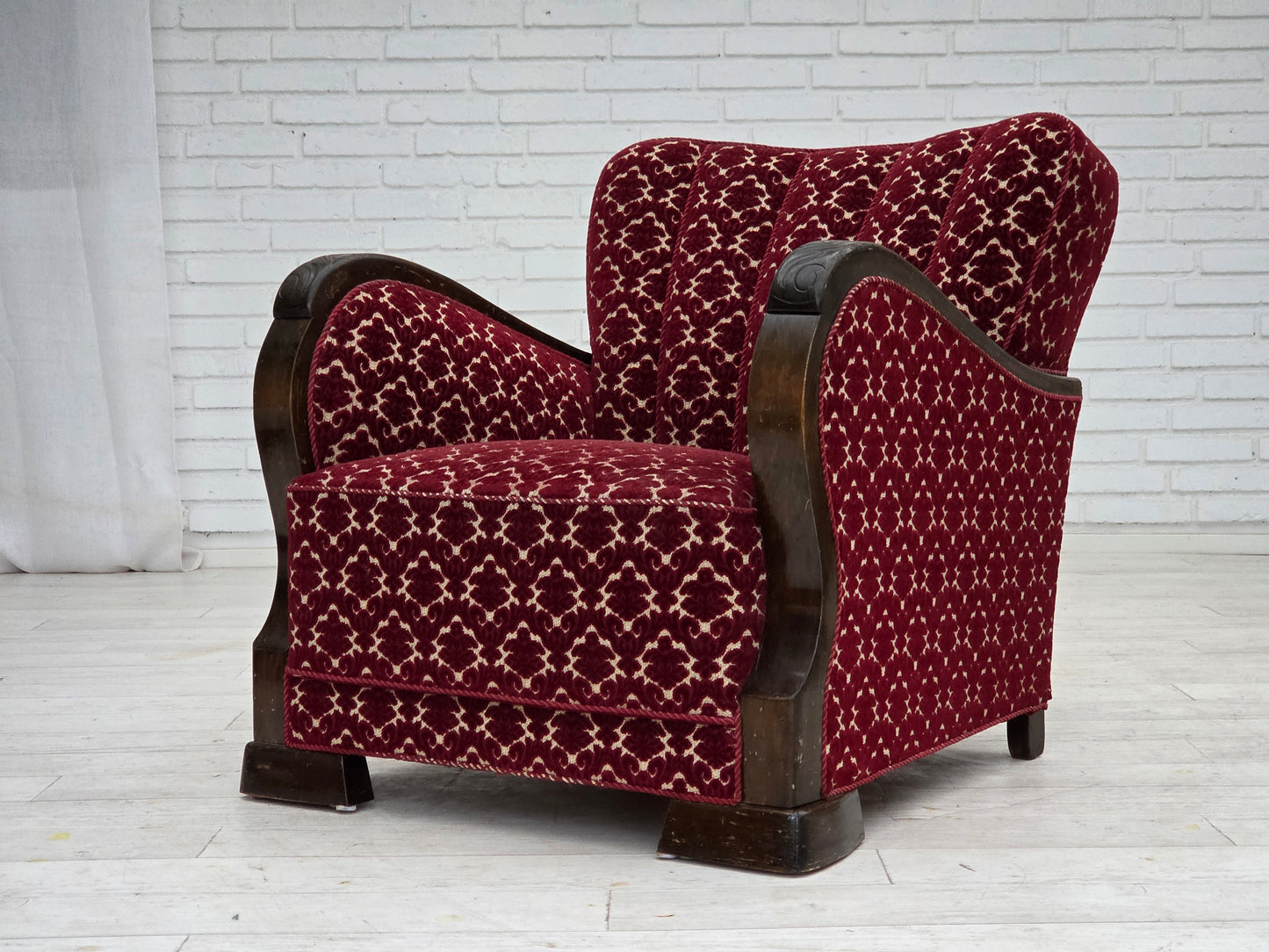 1960s, Danish armchair, cherry-red furniture velour, oak wood.