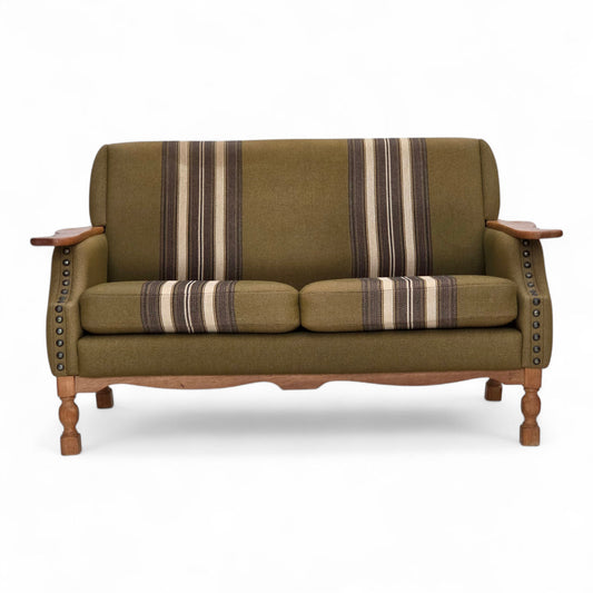 1970s, Danish 2-seater sofa, green furniture wool, oak wood.