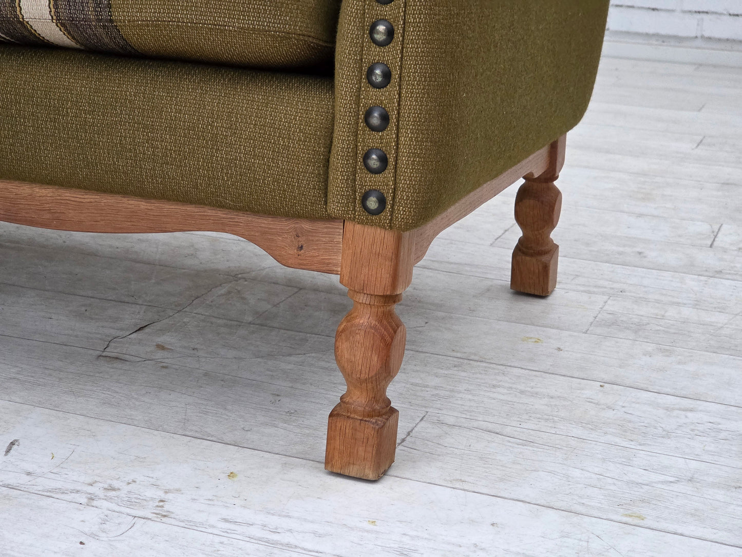 1970s, Danish 2-seater sofa, green furniture wool, oak wood.