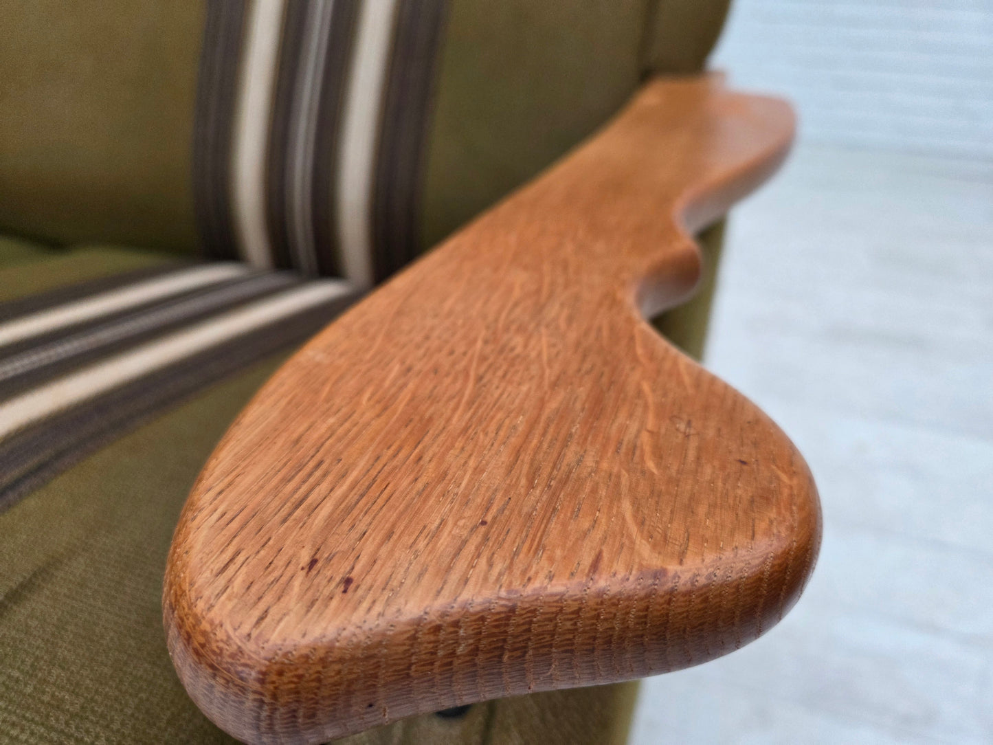 1970s, Danish 2-seater sofa, green furniture wool, oak wood.