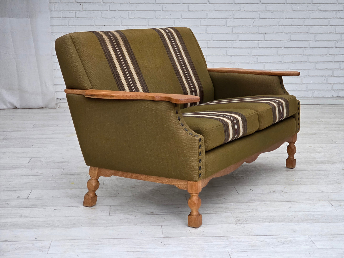 1970s, Danish 2-seater sofa, green furniture wool, oak wood.