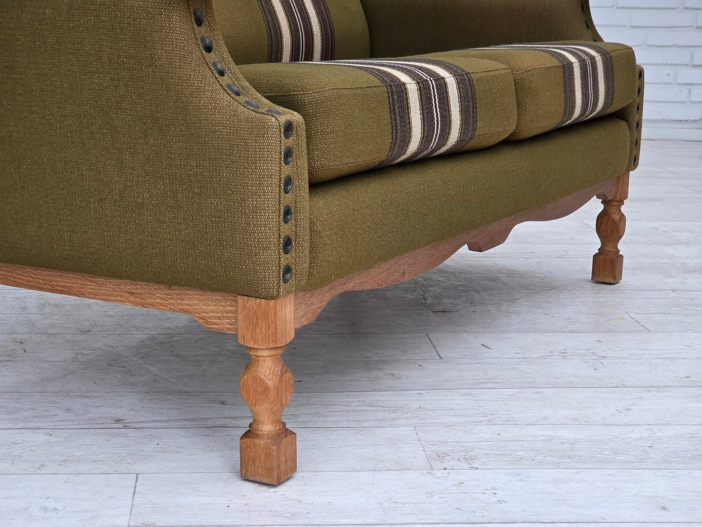 1970s, Danish 2-seater sofa, green furniture wool, oak wood.