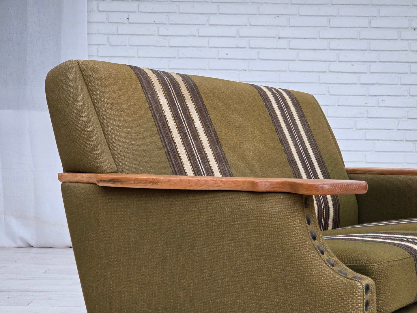 1970s, Danish 2-seater sofa, green furniture wool, oak wood.