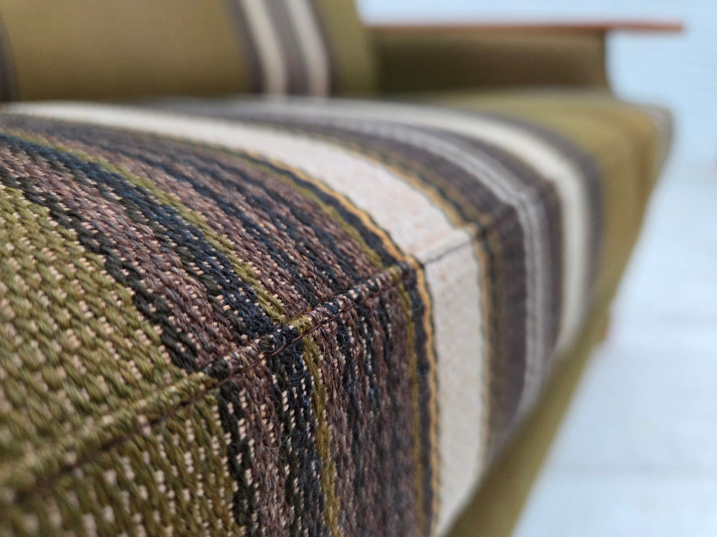 1970s, Danish 2-seater sofa, green furniture wool, oak wood.