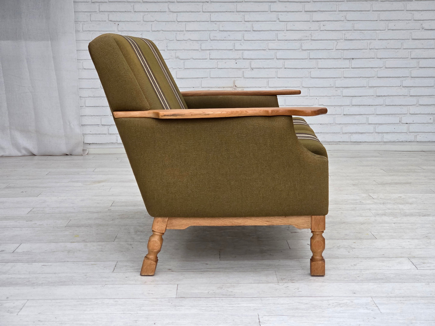 1970s, Danish 2-seater sofa, green furniture wool, oak wood.