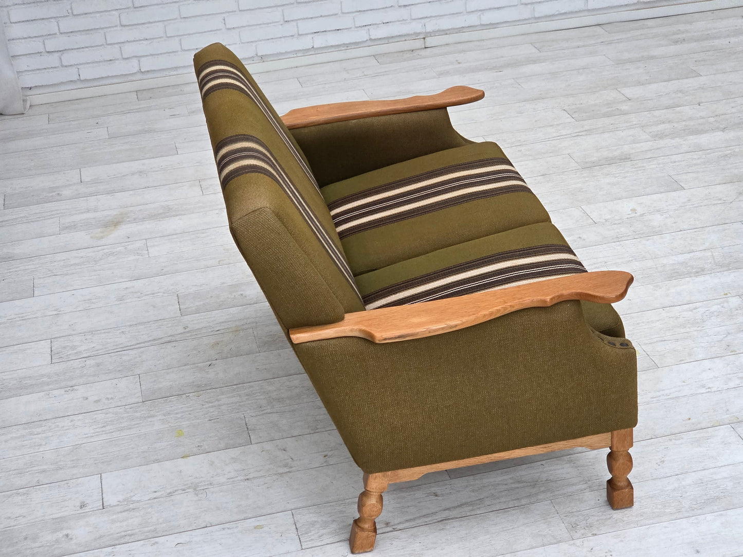 1970s, Danish 2-seater sofa, green furniture wool, oak wood.