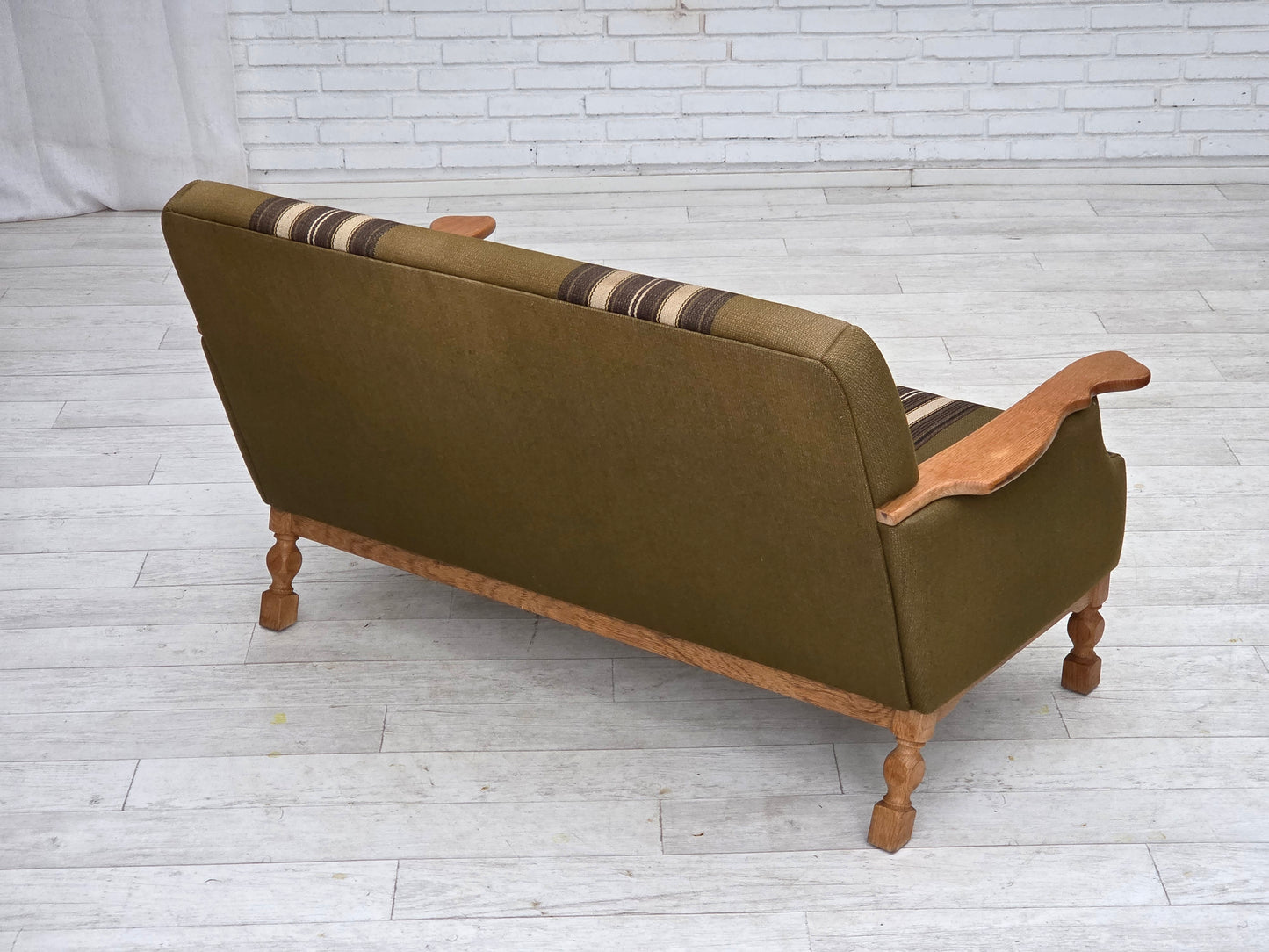 1970s, Danish 2-seater sofa, green furniture wool, oak wood.