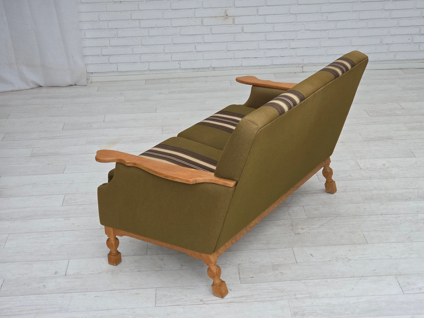 1970s, Danish 2-seater sofa, green furniture wool, oak wood.