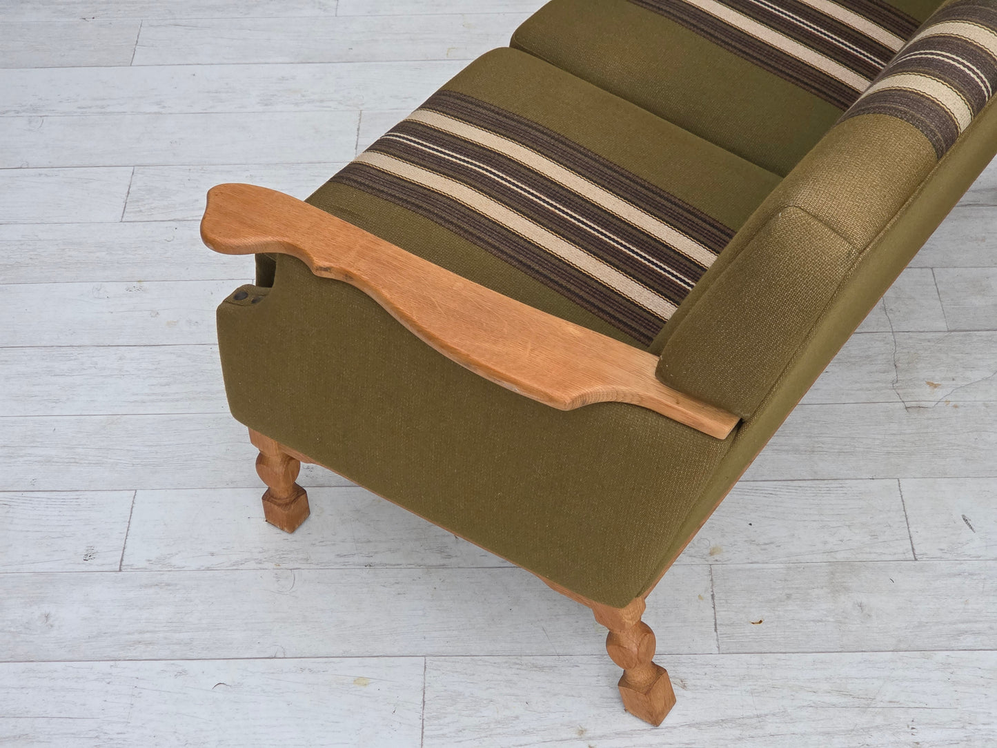 1970s, Danish 2-seater sofa, green furniture wool, oak wood.
