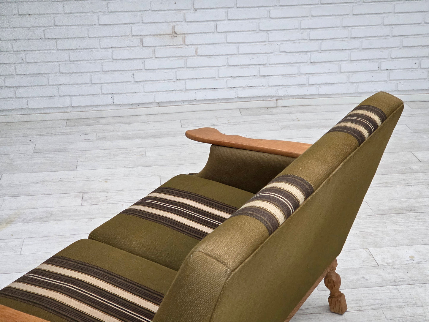 1970s, Danish 2-seater sofa, green furniture wool, oak wood.