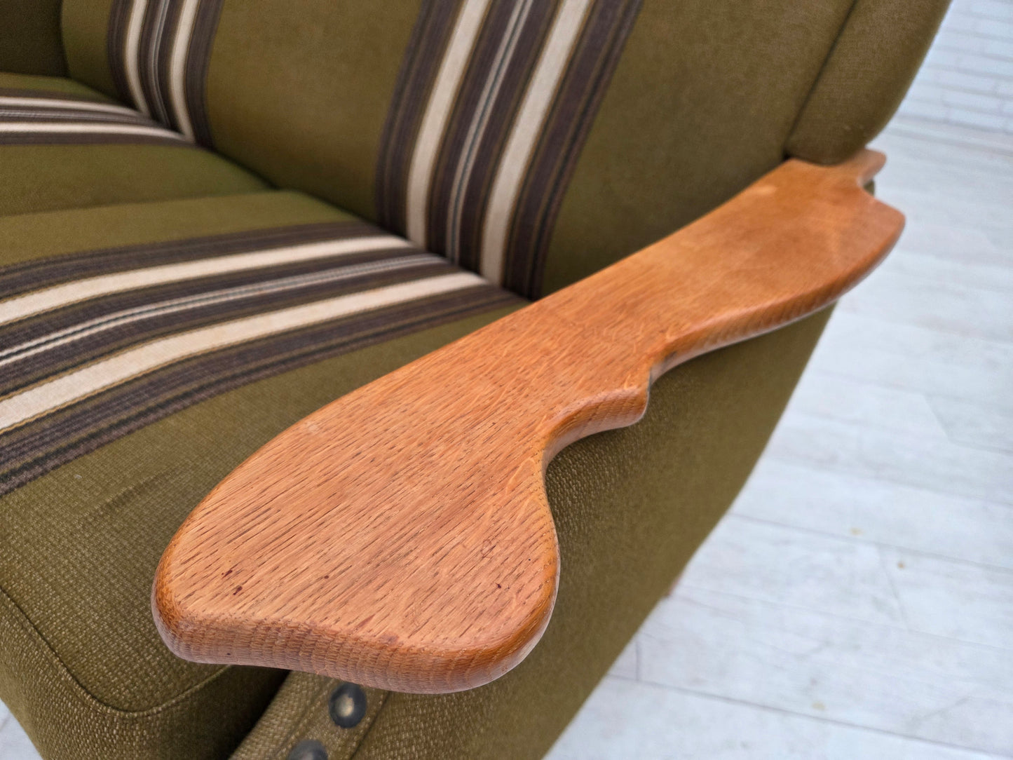 1970s, Danish 2-seater sofa, green furniture wool, oak wood.