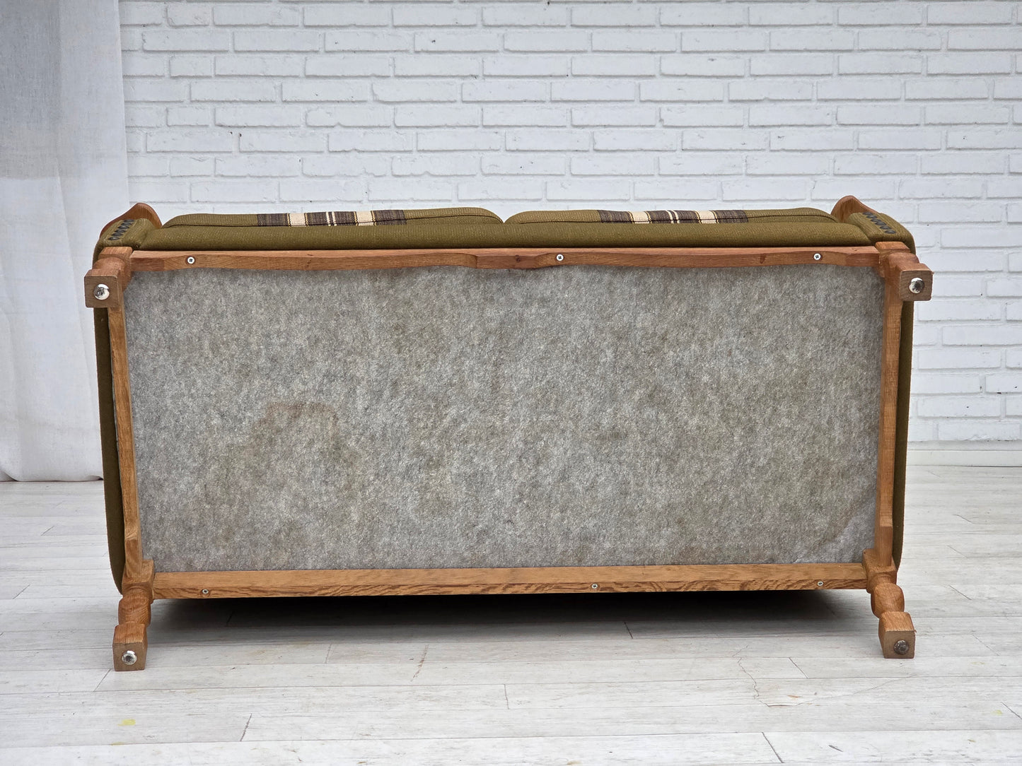 1970s, Danish 2-seater sofa, green furniture wool, oak wood.
