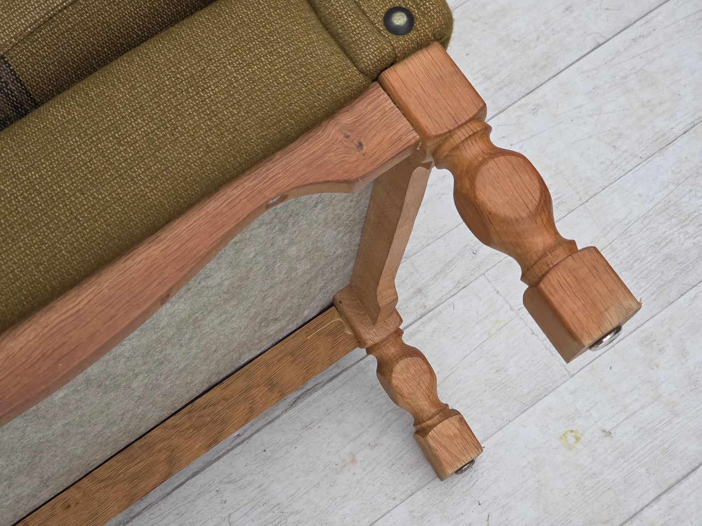 1970s, Danish 2-seater sofa, green furniture wool, oak wood.