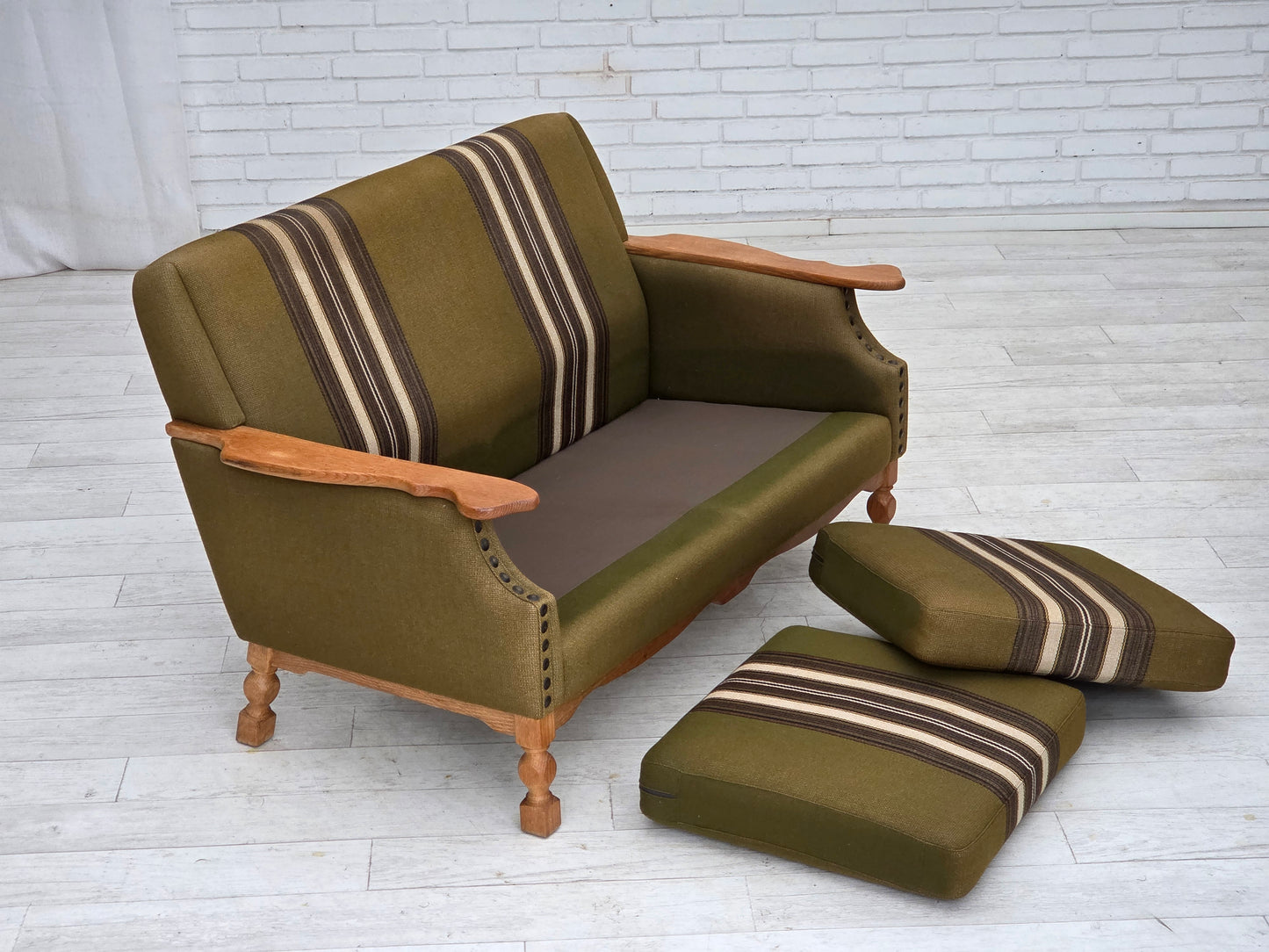 1970s, Danish 2-seater sofa, green furniture wool, oak wood.