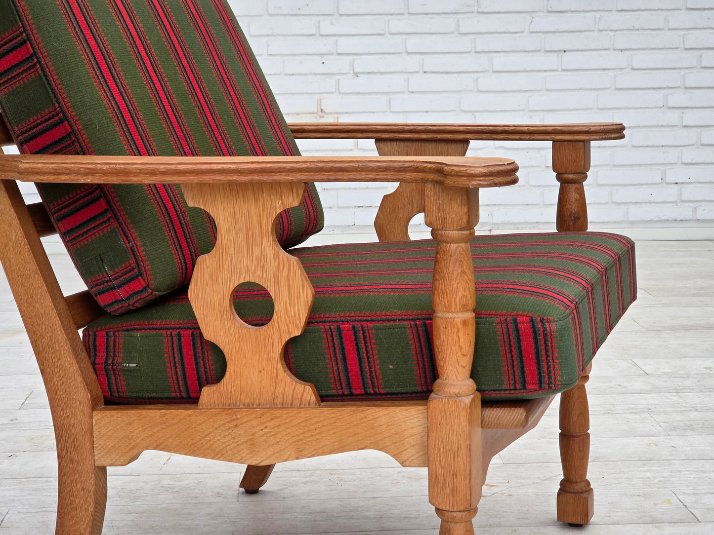 1970s, Danish armchair, green furniture wool, solid oak wood.