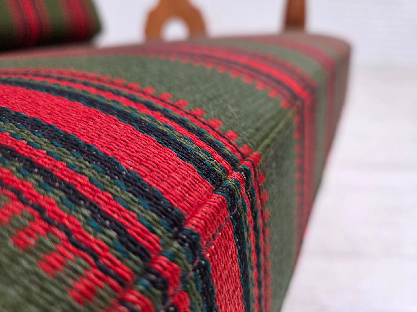 1970s, Danish armchair, green furniture wool, solid oak wood.