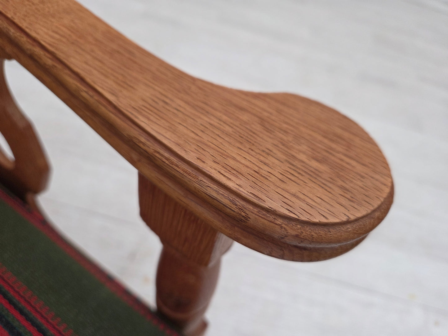 1970s, Danish armchair, green furniture wool, solid oak wood.