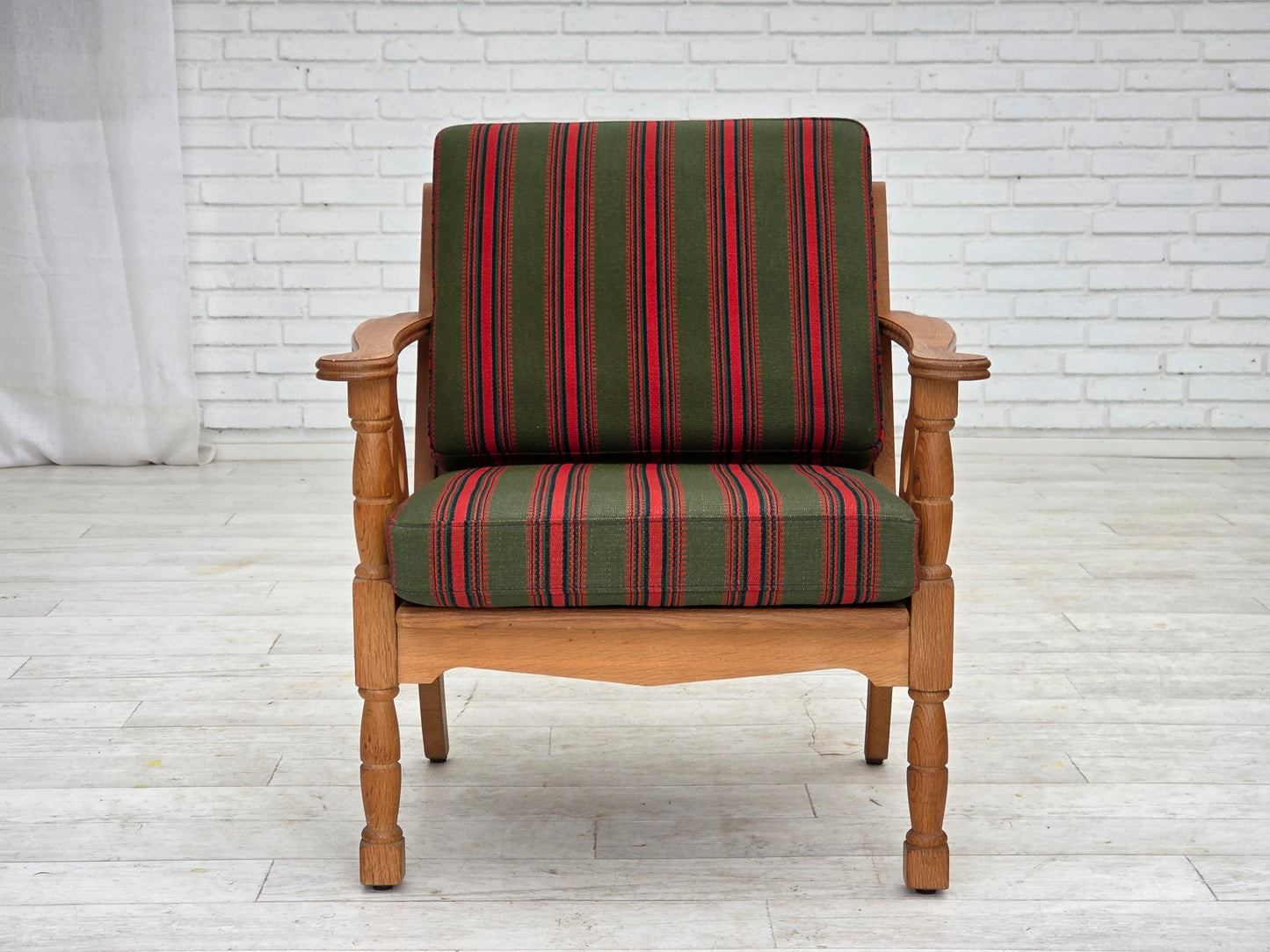 1970s, Danish armchair, green furniture wool, solid oak wood.