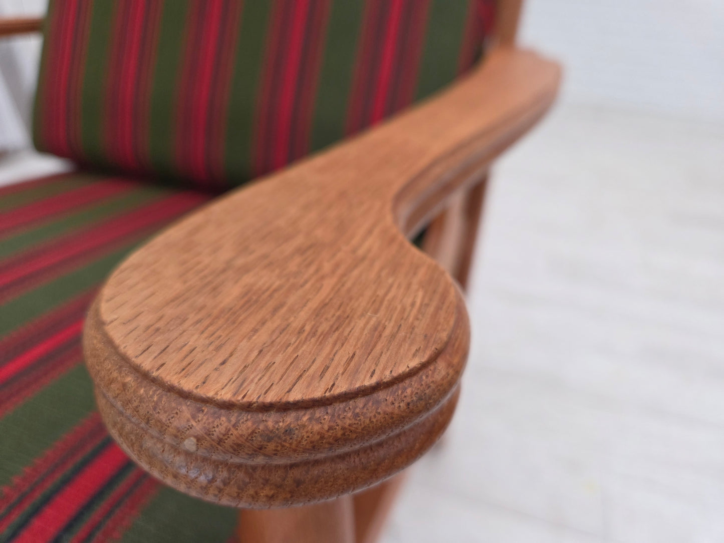 1970s, Danish armchair, green furniture wool, solid oak wood.