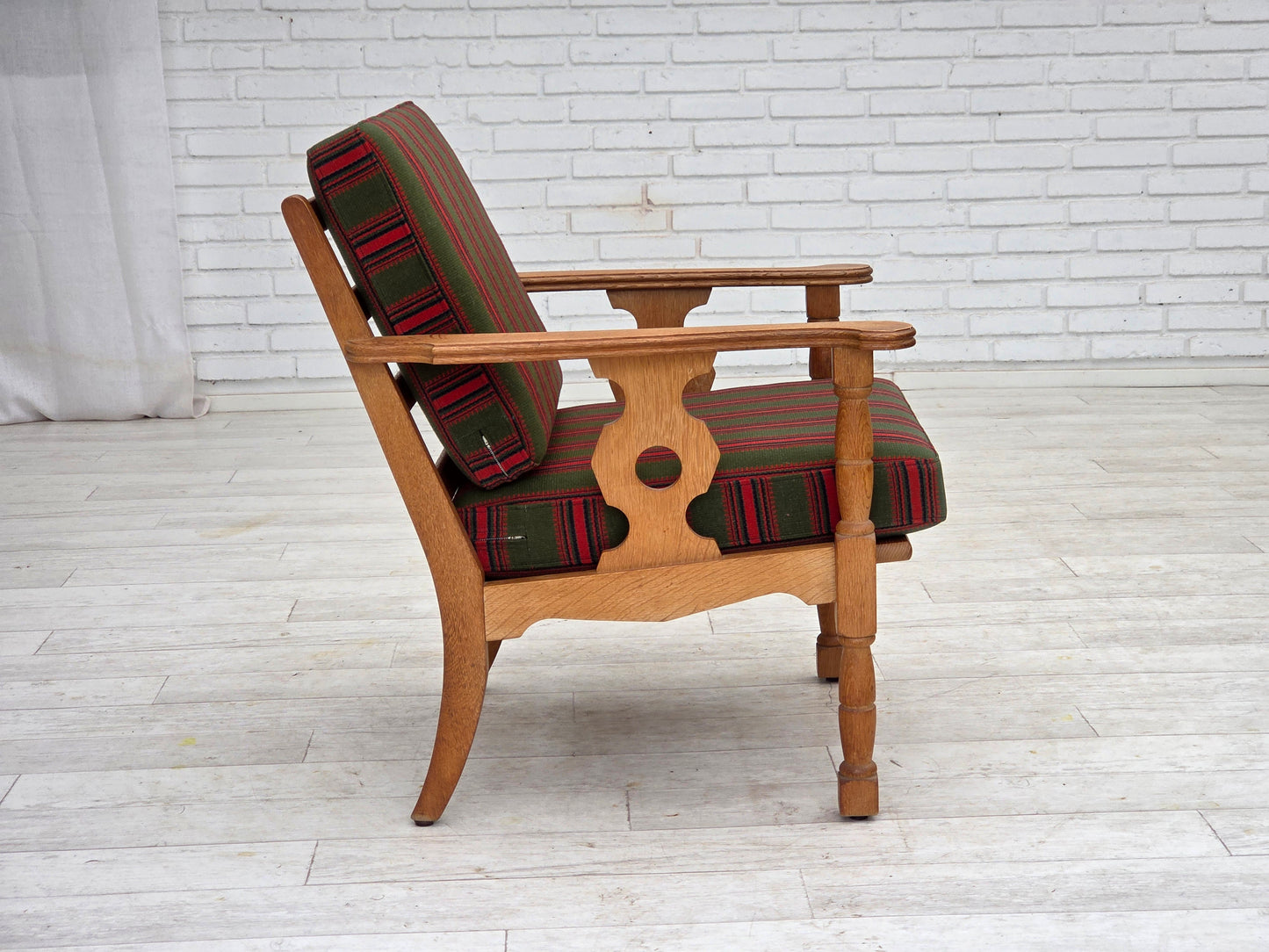 1970s, Danish armchair, green furniture wool, solid oak wood.