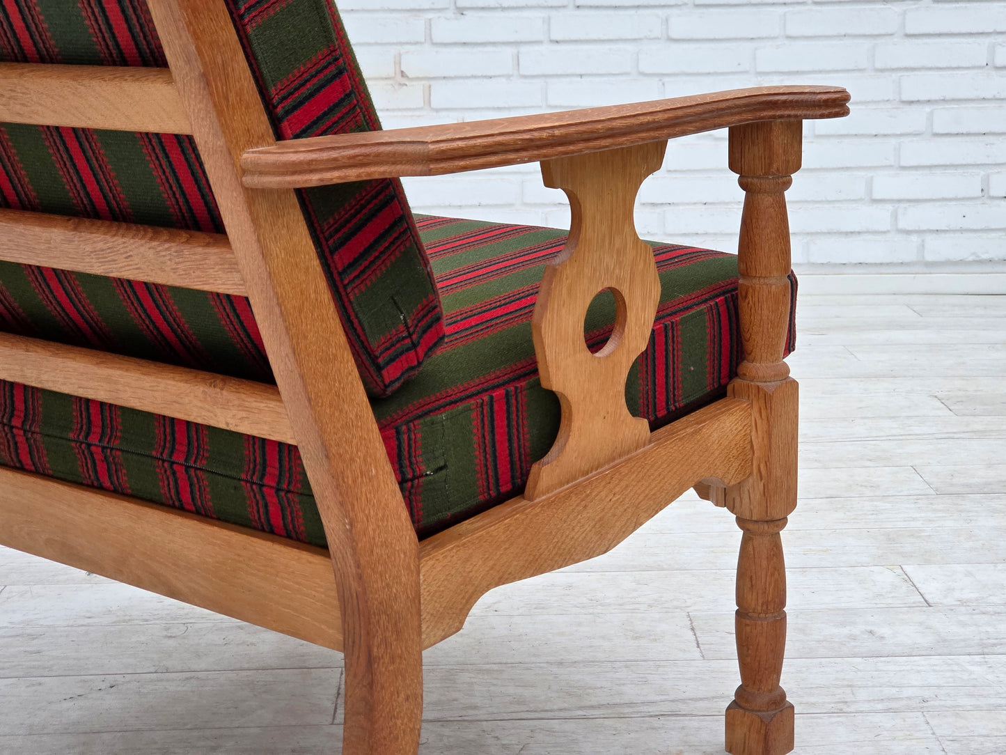 1970s, Danish armchair, green furniture wool, solid oak wood.