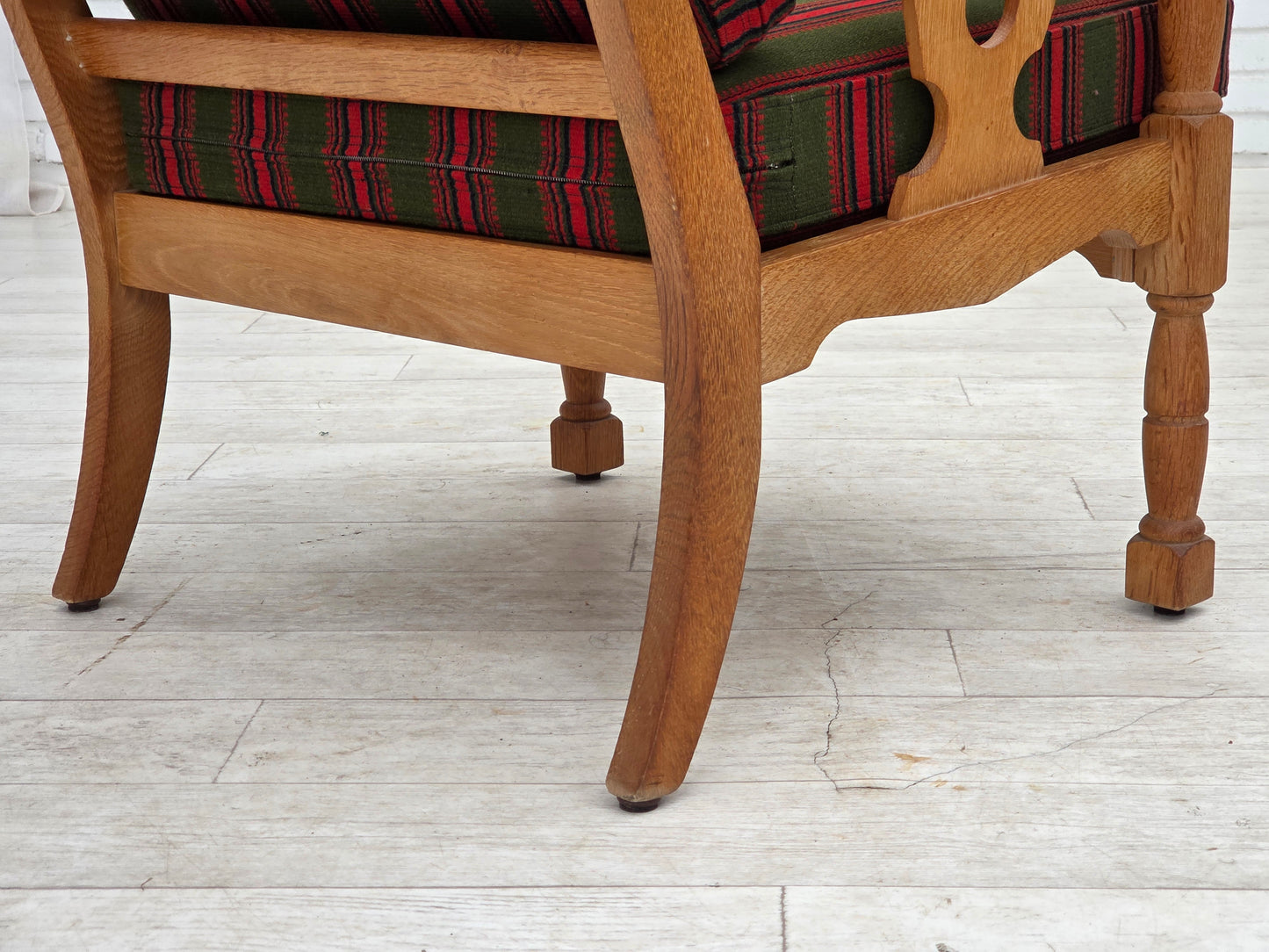 1970s, Danish armchair, green furniture wool, solid oak wood.