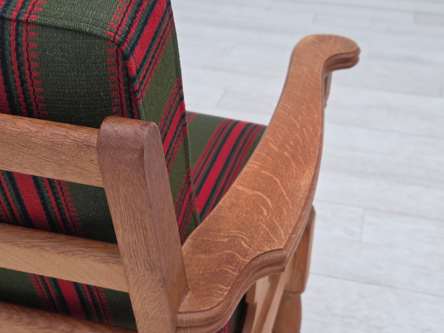 1970s, Danish armchair, green furniture wool, solid oak wood.