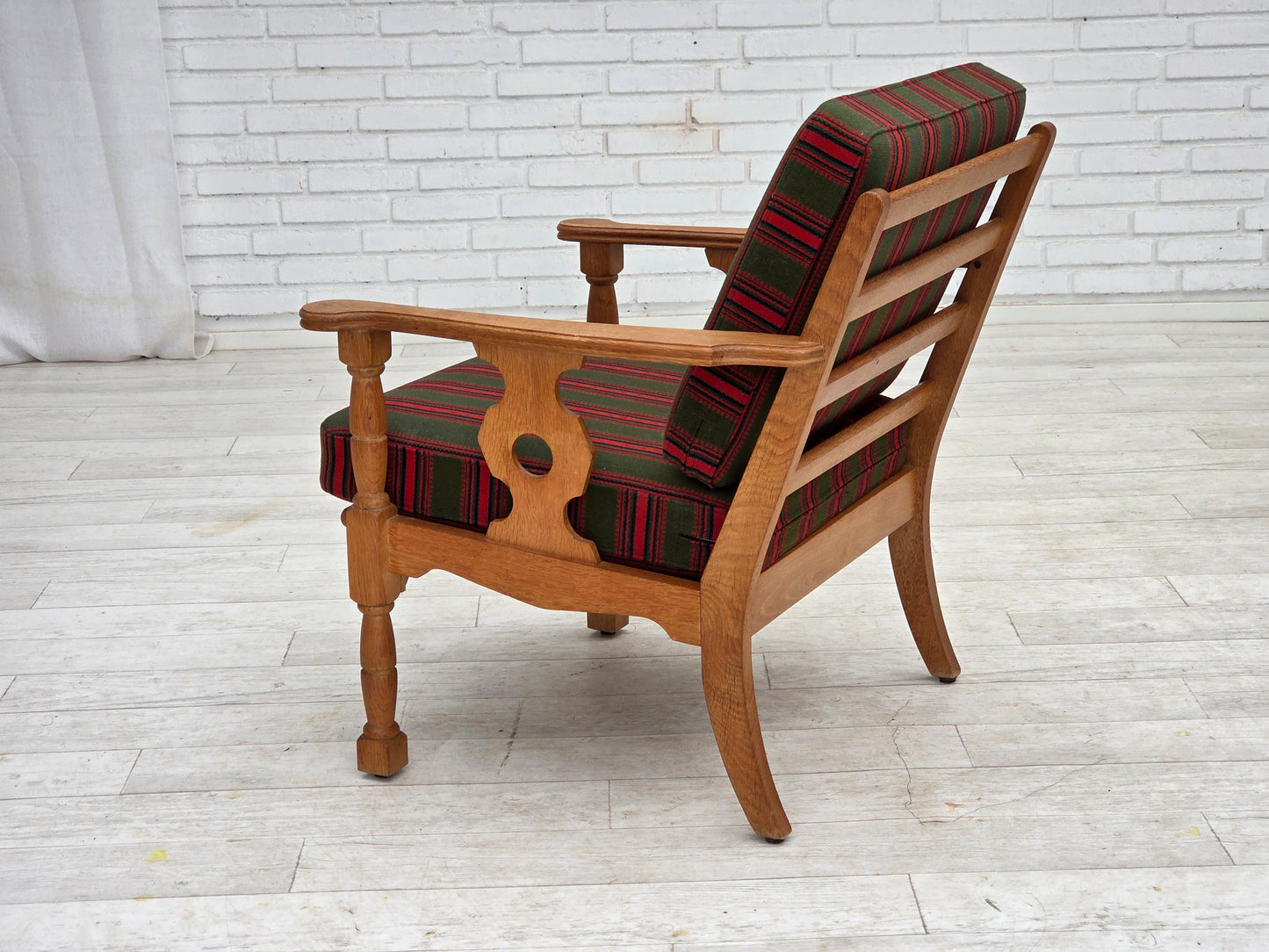 1970s, Danish armchair, green furniture wool, solid oak wood.