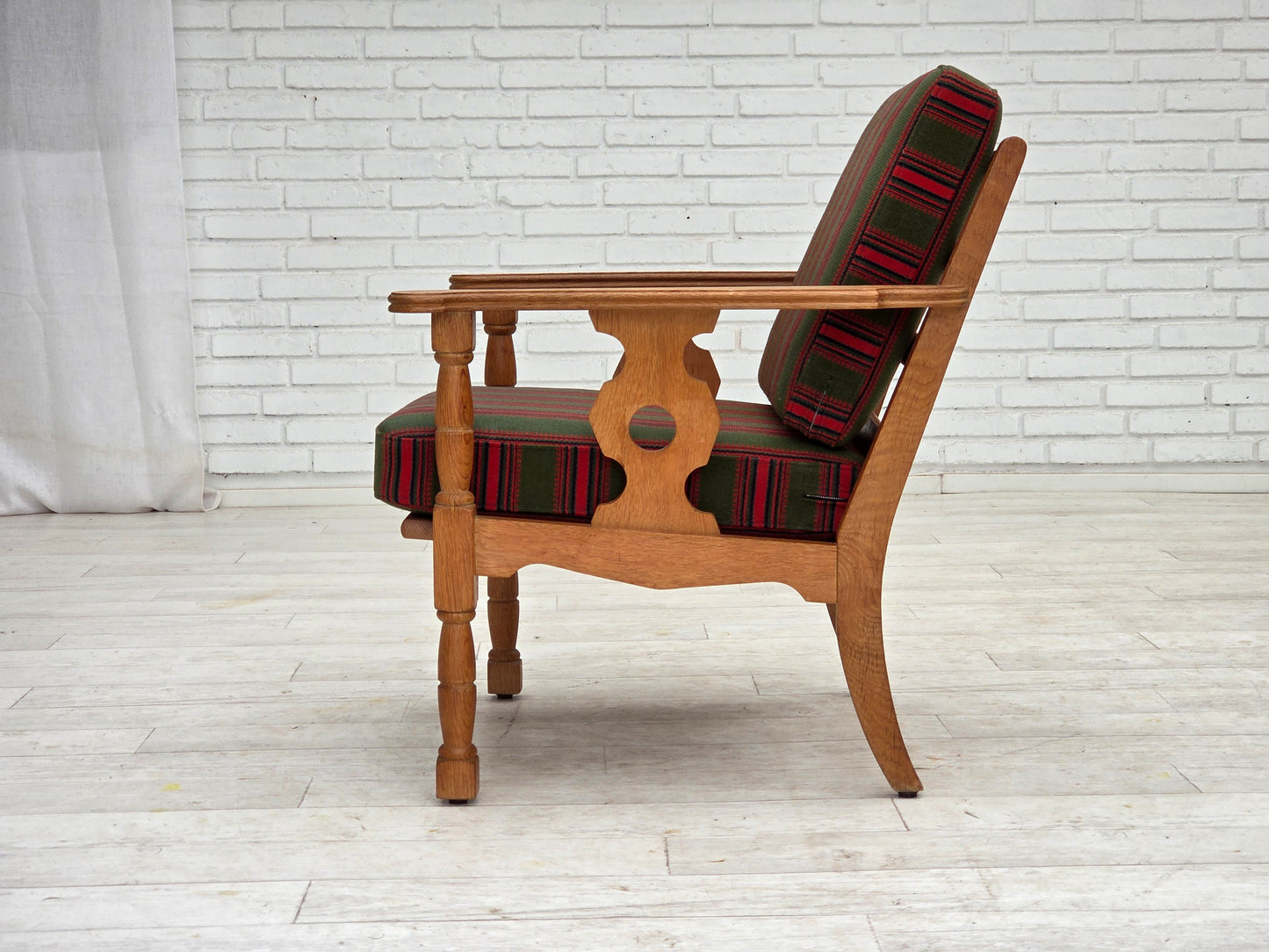 1970s, Danish armchair, green furniture wool, solid oak wood.