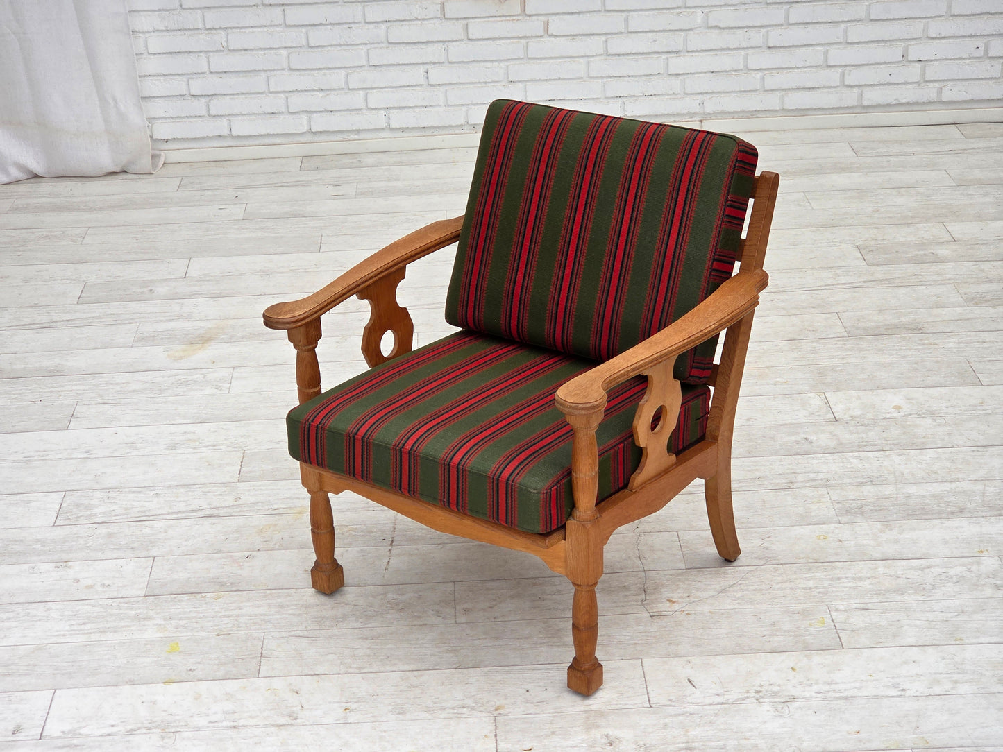 1970s, Danish armchair, green furniture wool, solid oak wood.