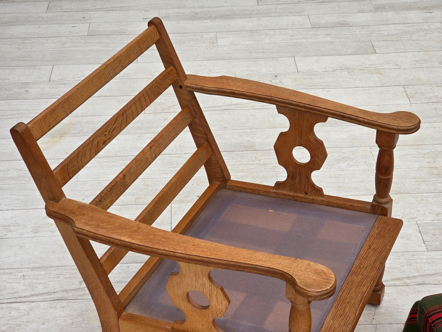 1970s, Danish armchair, green furniture wool, solid oak wood.