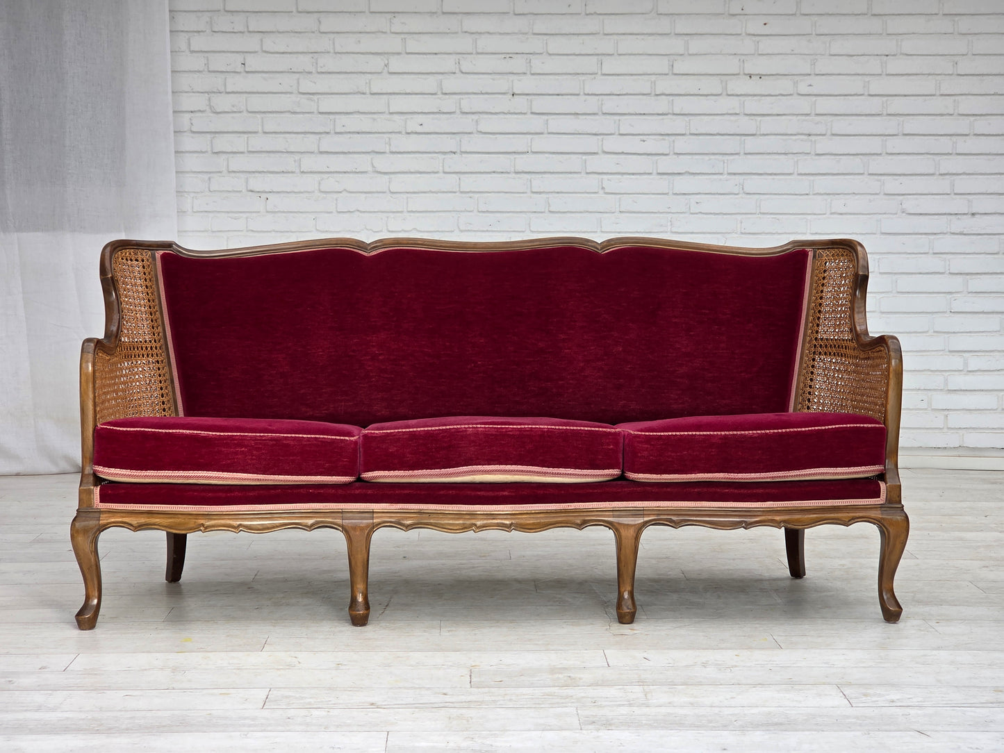 1950s, Danish 3-seater sofa, furniture velour, ash wood, furniture mesh.