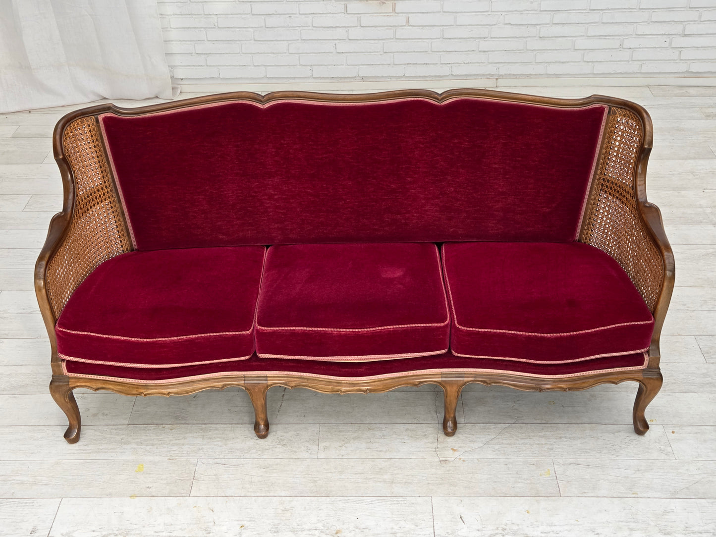 1950s, Danish 3-seater sofa, furniture velour, ash wood, furniture mesh.