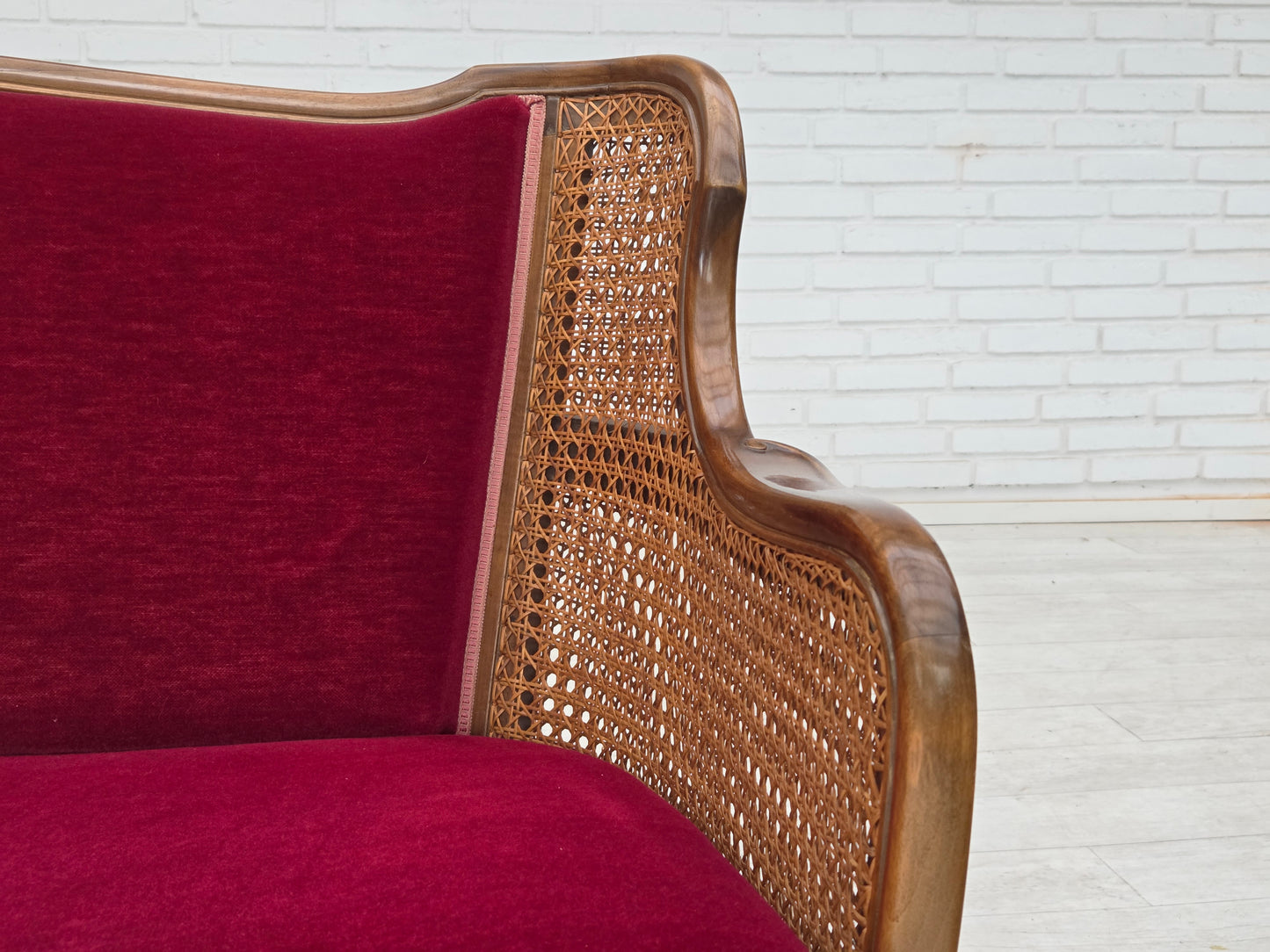 1950s, Danish 3-seater sofa, furniture velour, ash wood, furniture mesh.